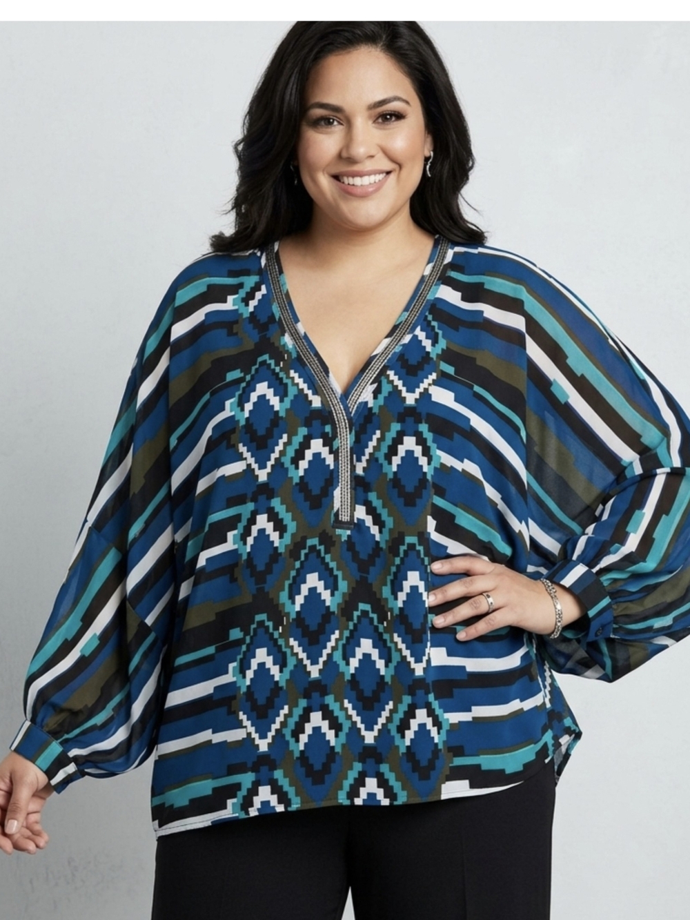 Lane Bryant Teal & Blue Geometric V-Neck Tunic